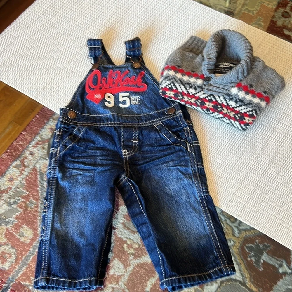 Oshkosh Embroidered Overalls size 6-9months, sweater 12 M.